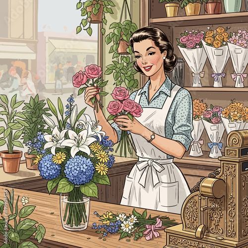 Retro florist arranging roses and lilies in shop