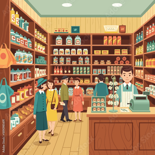 Retro grocery store interior with shoppers and cashier