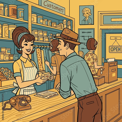 Retro grocery store scene with smiling cashier serving customer