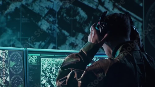 Soldier in a dimly lit military control room, intensely focused on multiple computer screens displaying crucial operational drone data.