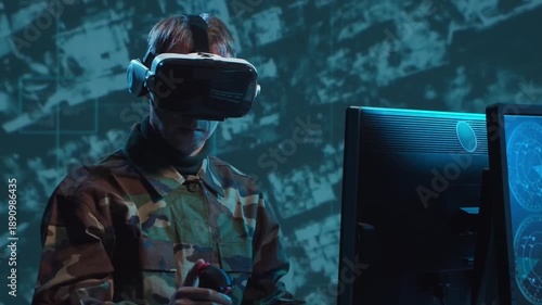 Soldier in a dimly lit military control room, intensely focused on multiple computer screens displaying crucial operational drone data.