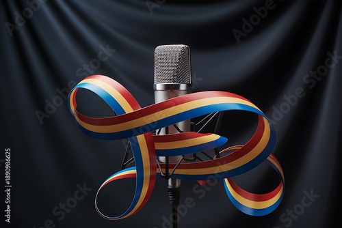 Vibrant microphone with colorful ribbons for podcasting and broadcasting