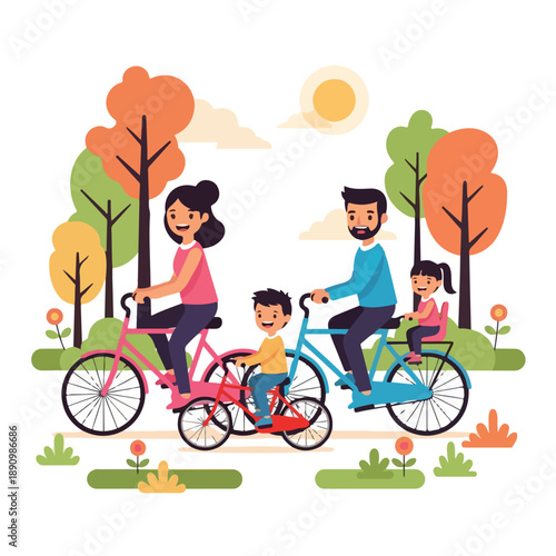 A digital illustration of a family riding bicycles together in a park with autumn trees and sunny weather. Perfect for urban lifestyle promotions, family activities, and recreational