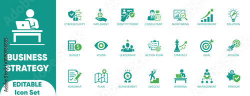 Business Strategy Icon Set.Includes icons for Mission,goal,Vision,Roadmap,target,success,and management.
