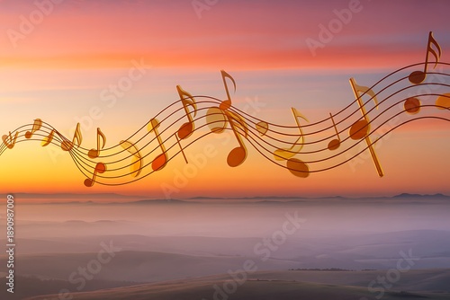 Golden music notes flowing over serene landscape at sunset