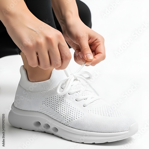 Wallpaper Mural Close-up of a person tying the laces of a white athletic shoe on a white background. Torontodigital.ca