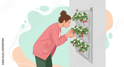 Woman tending to vertical strawberry garden indoors.