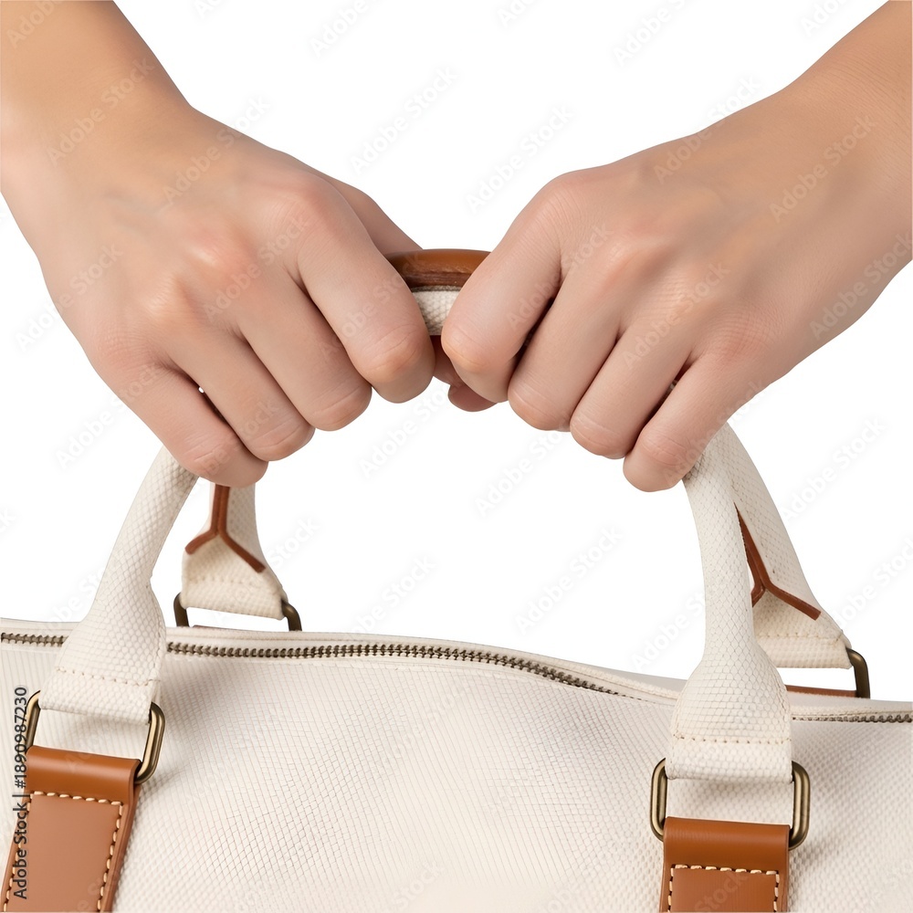 custom made wallpaper toronto digitalClose-up of hands holding the handles of a white and brown travel bag, ready for a journey.