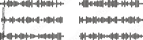 Audio waveform line collection in minimalist black style. Sound frequency bars ideal for music, podcast, and voice visualizations. Clean graphic elements for media, technology, and audio design 