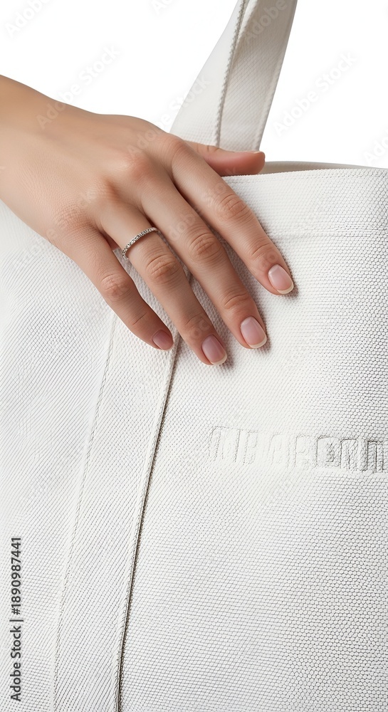 custom made wallpaper toronto digitalClose-up of a womans hand with a ring, resting on a white tote bag, showcasing minimalist style and elegant accessory.