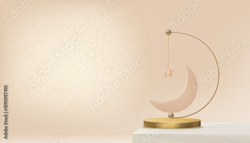 Crescent moon,Star lantern on 3D golden podium with Islamic mandala pattern on wall studio background,Vector symbolizing Islam,Muslim faith,Holy Ramadan Kareem,Eid al-Fitr,Eid al-Adha,Islamic greeting