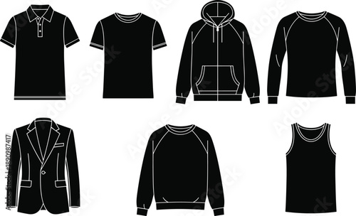 Clothing silhouettes collection featuring shirts hoodie jacket sweater and tank top black and white apparel fashion illustration set