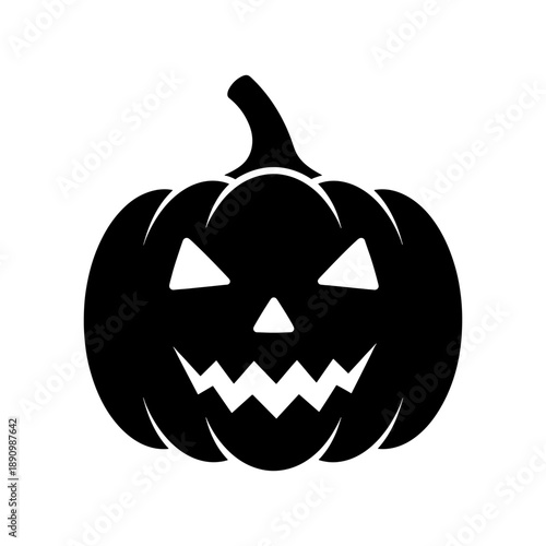 A strikingly simple black silhouette depicts a carved pumpkin with a menacing grin triangular eyes and a stem embodying halloween spirit silhouette