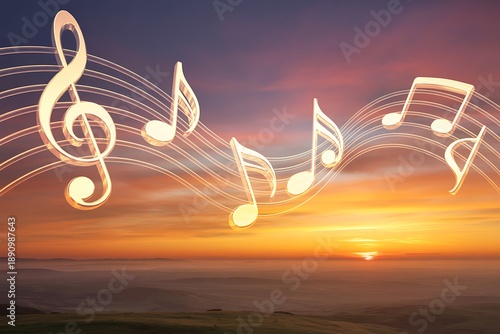 Beautiful sunset over rolling hills with musical notes floating in the sky