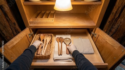 Wallpaper Mural Person organizing wooden kitchen utensils in a rustic cabinet with warm lighting. Torontodigital.ca
