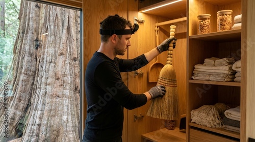Wallpaper Mural Man with headlamp and gloves working in a modern wooden interior with a large tree visible outside. Torontodigital.ca