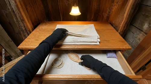 Wallpaper Mural First-person view of a person wearing black gloves, meticulously organizing documents and objects in a wooden desk drawer under a warm lamp light in an attic setting. Torontodigital.ca