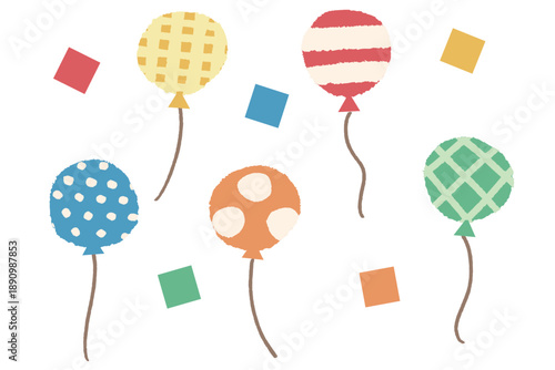 幼稚園・保育園向け やさしい挿絵イラストカットシリーズ｜色んな柄の風船セット（元気カラー）
Gentle Illustration Cut Series | Patterned Balloon Set – Bright Colors