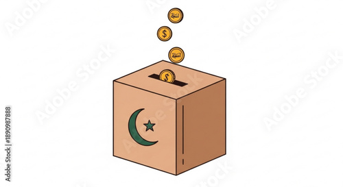 Donation box with pakistani symbol and coins being inserted for charity or zakat
