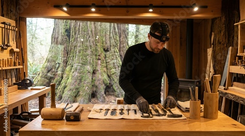 Wallpaper Mural Woodcarver in Workshop with Forest View. Torontodigital.ca