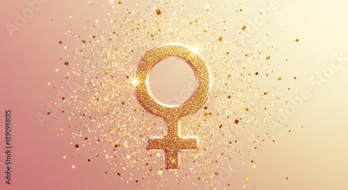 Glittering gold female symbol on pink beige background with sparkles and glitter particles