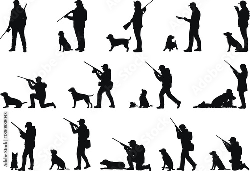 hunter silhouette, dog companion, hunting scene, black and white, outdoor sport, rifle pose, nature sketch, 