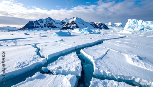 Frozen expanse of cracked ice, mountains in background, under cloudy blue sky