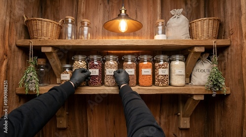 Wallpaper Mural Hands in black gloves arranging spice jars on a rustic wooden shelf. Torontodigital.ca