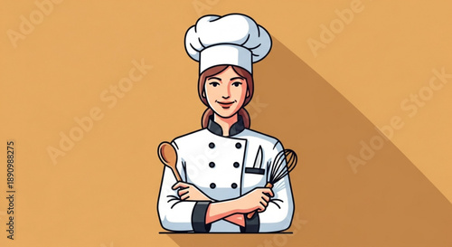 Female chef in white uniform holding utensils with crossed arms on orange background