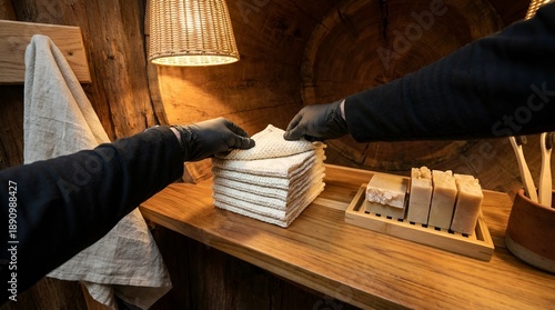 Wallpaper Mural Hands exchanging neatly folded white towels on a wooden counter with soap bars. Torontodigital.ca