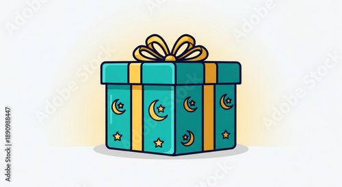 Teal gift box with gold accents and celestial symbols wrapped with yellow ribbon and bow on white background