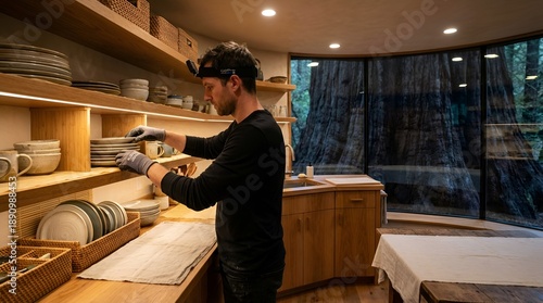 Wallpaper Mural Man organizing dishes in a modern kitchen with large windows. Torontodigital.ca