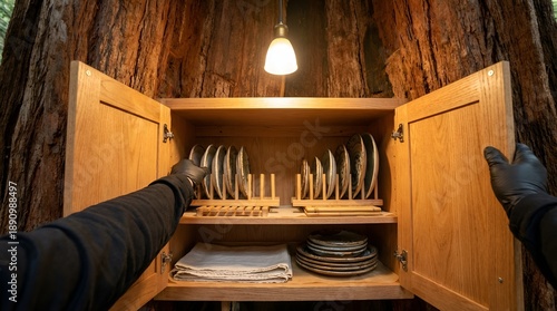 Wallpaper Mural Person opening a wooden cabinet filled with plates and dishes, illuminated by a hanging lamp, inside a rustic setting. Torontodigital.ca