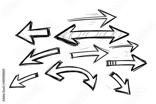 Collection of hand drawn sketch arrows indicating various directions and movements on transparent background