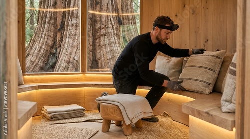 Wallpaper Mural Man in black long-sleeve shirt and cap arranging pillows in a cozy wooden interior with large window. Torontodigital.ca