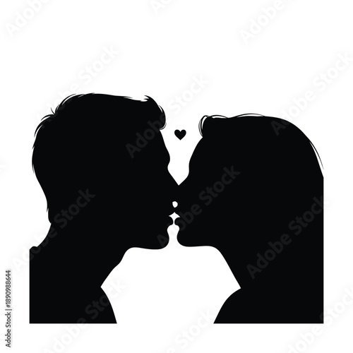 Silhouette of a romantic couple about to kiss isolated on white background