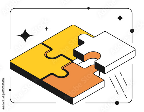 Isometric puzzle pieces put together. Contrast design with thin outline 3D vector isolated on white background