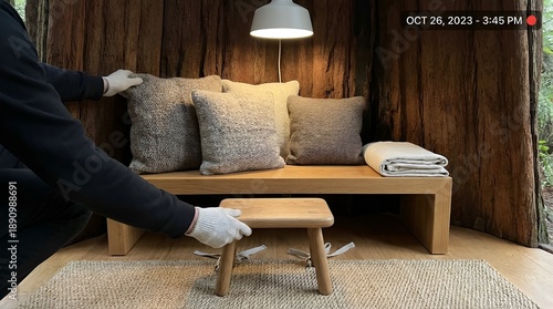 Wallpaper Mural Person in white gloves arranging a small wooden stool in a cozy, minimalist room with a wooden bench and pillows. Torontodigital.ca