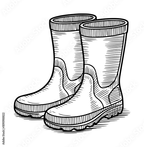 Black and white of a pair of rubber boots a white background footwear rain