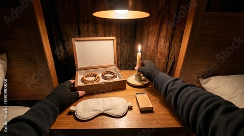 Wallpaper Mural First person view of a person wearing black gloves holding a lit candle in a dark room with a wooden box and a sleep mask on a table. Torontodigital.ca