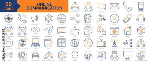 Online Communication colored line icon collection set. Containing conversation, communication, message, email, social community, technology, discussion, video call, inbox, connection, internet icons