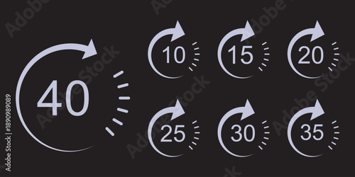 Second timer, clock, stopwatch, Countdown timer, cooking time icon set. 5, 10, 15, 20, 25, 30, 35, 40, 45, 50, 55, 60 second dial. Colorful isolated set, symbol. Vector illustration