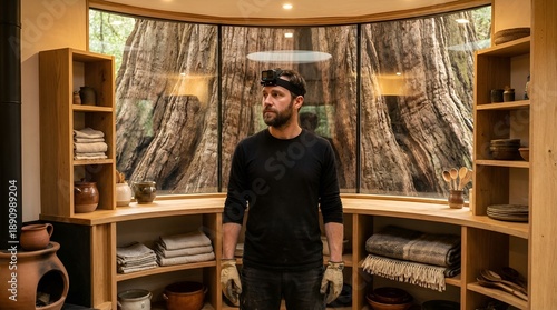 Wallpaper Mural Man in black shirt and cap standing in a room with wooden shelves and large windows. Torontodigital.ca