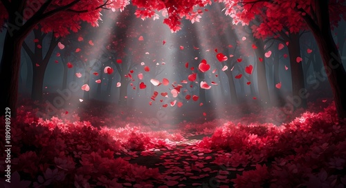 Enchanted forest with vibrant red and pink foliage, sunlight filtering through the canopy, and a path covered in falling petals.