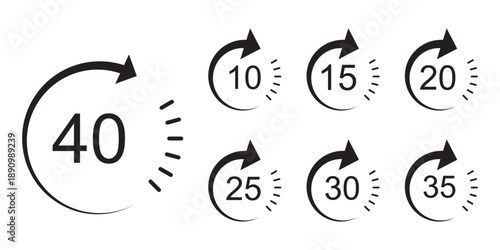 Second timer, clock, stopwatch, Countdown timer, cooking time icon set. 5, 10, 15, 20, 25, 30, 35, 40, 45, 50, 55, 60 second dial. Colorful isolated set, symbol. Vector illustration