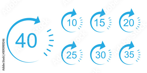 Second timer, clock, stopwatch, Countdown timer, cooking time icon set. 5, 10, 15, 20, 25, 30, 35, 40, 45, 50, 55, 60 second dial. Colorful isolated set, symbol. Vector illustration