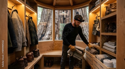 Wallpaper Mural Man organizing hunting gear in a rustic wooden cabin, preparing for an outdoor adventure. Torontodigital.ca