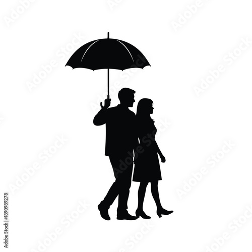 Silhouette of a romantic couple walking together under an umbrella