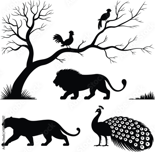 Webwildlife silhouette, lion panther, peacock feathers, tree with birds, black and white, nature illustration, animal vector, forest scene, bird on branch, wildlife artwork, animal silhouettes
