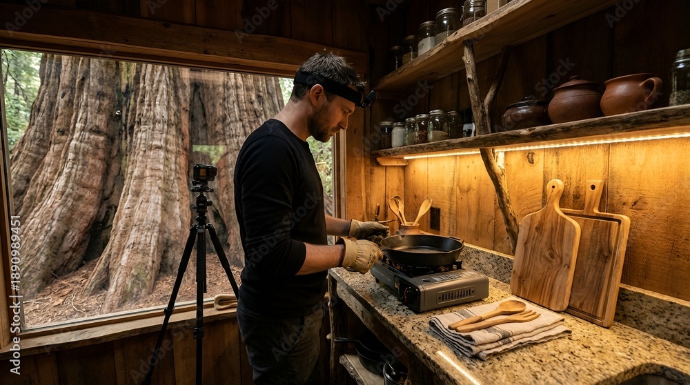 custom made wallpaper toronto digitalMan cooking in a rustic kitchen with a large tree visible through the window.